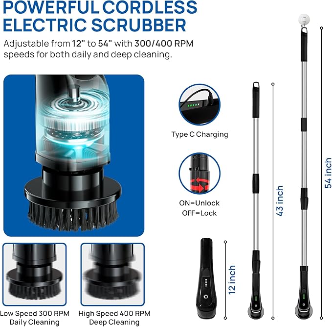 Upgraded Electric Spin Scrubber ā Cordless Cleaning Brush with 400 RPM Dual-Speed, IPX5 Waterproof, 90-Minute Runtime, 8 Brush Heads, and Extension Handle for Powerful Cleaning