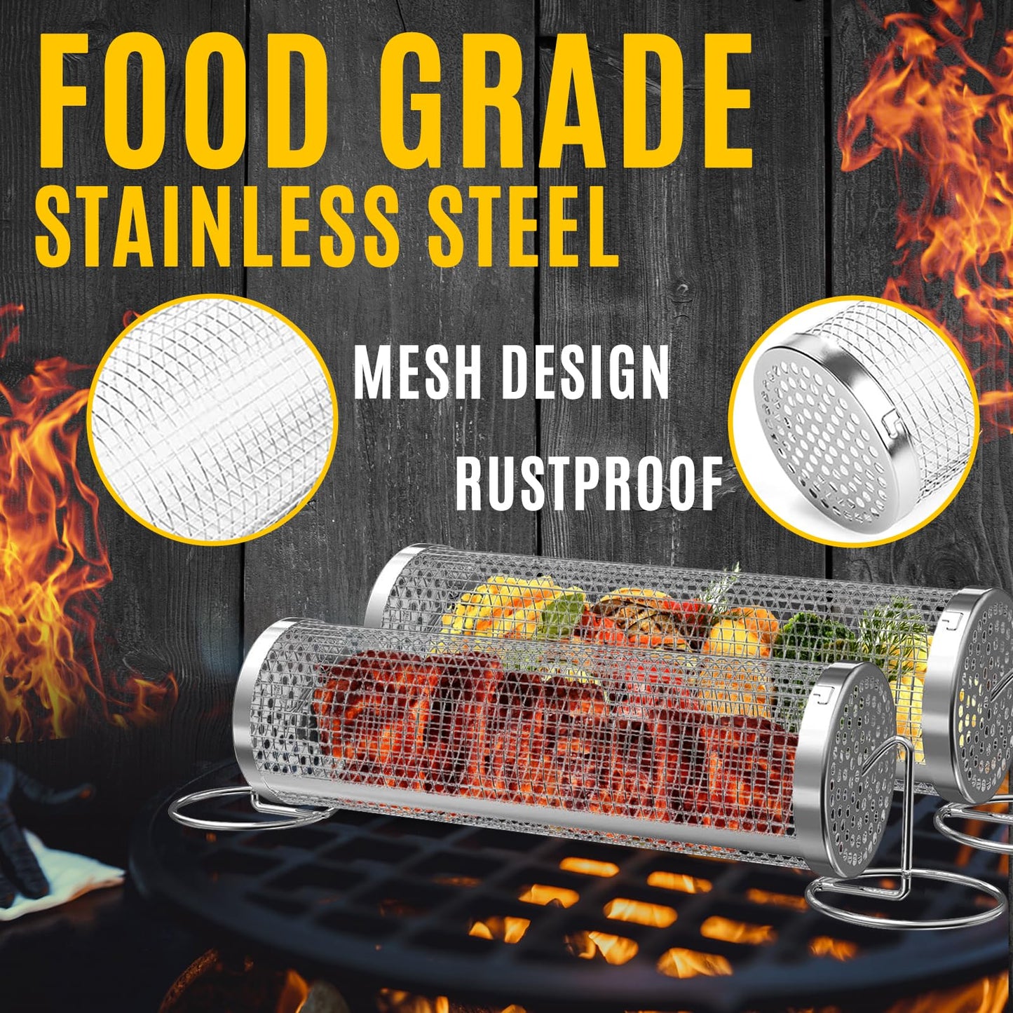 Rolling Grilling Basket with Stands [2 pcs set], BBQ Grill Basket