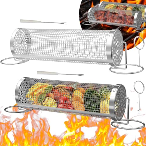 Rolling Grilling Basket with Stands [2 pcs set], BBQ Grill Basket